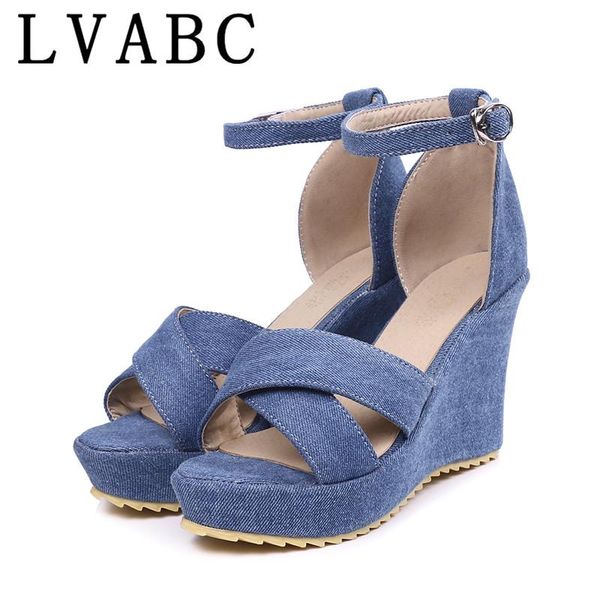 

arrive women sandals fashion denim casual summer shoes simple buckle 10cm comfortable wedges woman black blue 39