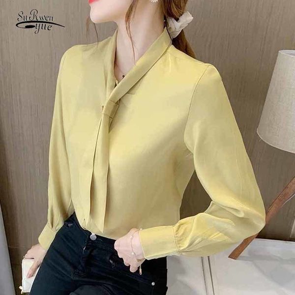 Mode Elegante Fliege Kragen Strickjacke Chiffon Bluse Herbst Perlen Weiße Hemden Frauen Langarm Bottoming Shirt Blusas 12195 210508