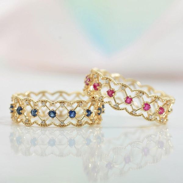 

cluster rings fashion lace design red blue crystal zircon diamonds gemstones for women gold color jewelry chic accessories trendy 2021, Golden;silver