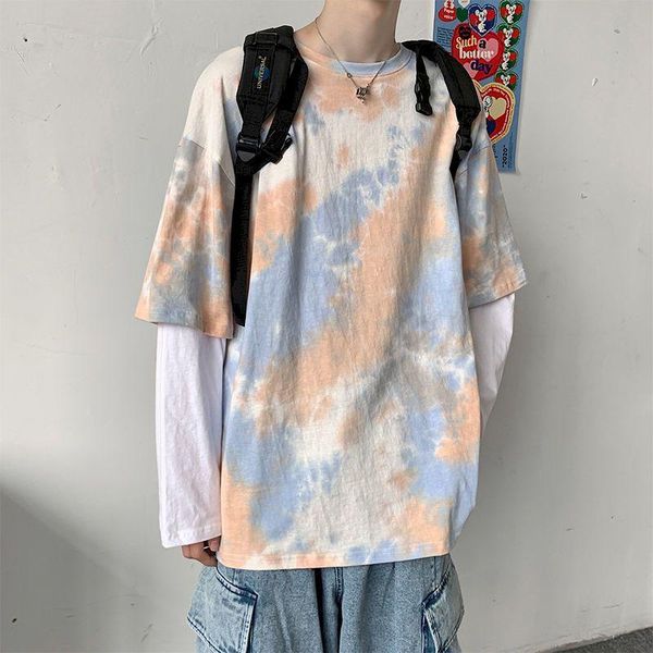 

men's t-shirts oversized tie-dye t shirt fashion cotton fake two-piece t-shirt men streetwear wild hip-hop loose long-sleeved tshirt me, White;black