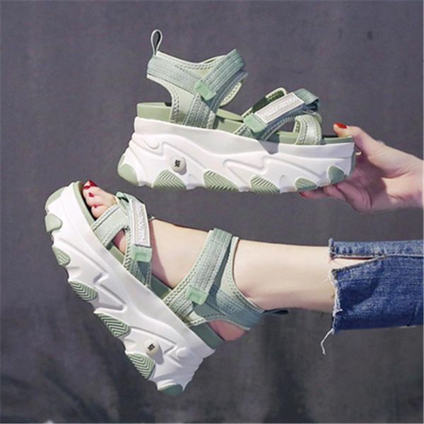 

summer platform women open toed sandals nylon cross buckle 9cm thick bottom beach chunky woman wedge shoes, Black
