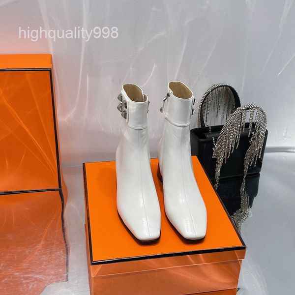 

boots high end quality fashion high heel short boots women's leather square head thick thin martin, Black