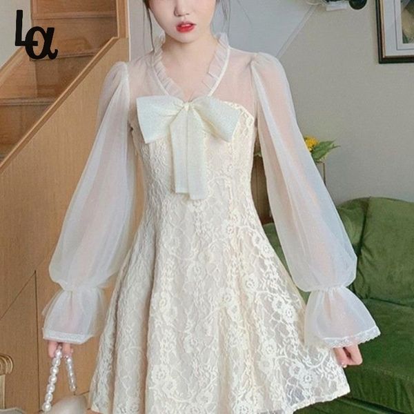 

summer kawaii elegant dress women korean solid lace princess sweet casual puff sleeve vintage party 210519, Black;gray