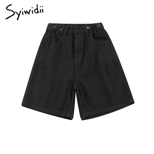 

women's shorts syiwidii elastic high waist denim women summer 2021 loose button up casual wide leg with pockets blue black, White;black