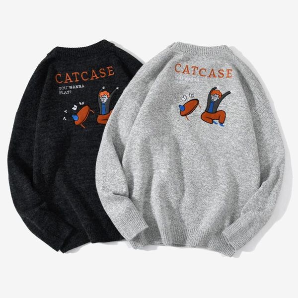 

women's sweaters japanese style embroidery cartoon pattern pullover knitted harajuku casual knitwear jumper hip hop streetwear, White;black