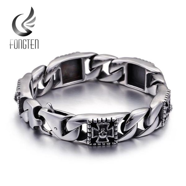 

charm bracelets fongten skull curb cuban link chain bracelet matte polished 316l stainless steel punk men fashion jewelry gift, Golden;silver