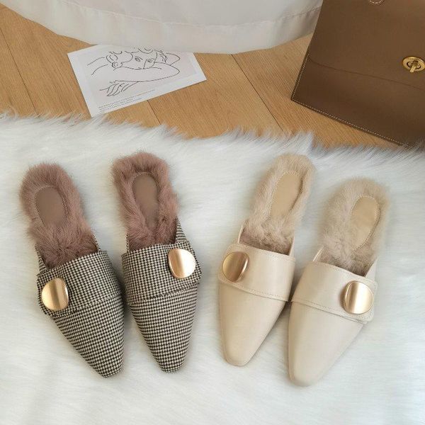 

women slippers indoor charm pointy solid color 2021 brand fashion buckle office slip-on comfortable fur woman shoes, Black