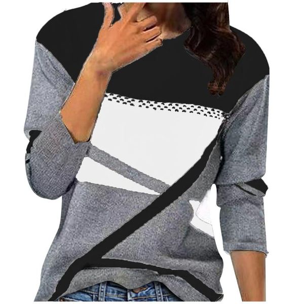 

women's t-shirt women fashion comfortable casual o-neck geometric color block flannel brushed long sleeves autumnÂ camisas de mujer#58, White