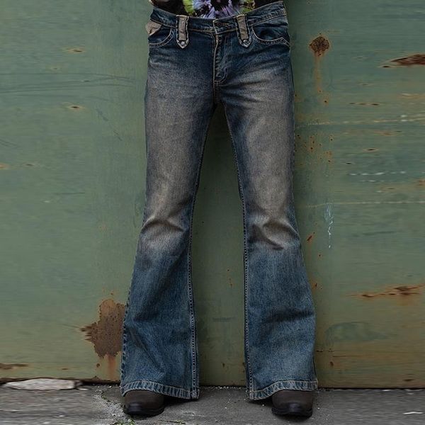 

men's jeans shzq men flared baggy bootcut leg pants distressed patchwork designer punk stlye bell bottom denim trousers, Blue