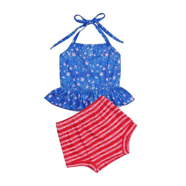 

clothing sets 2pcs independence day baby girls outfit toddlers summer star printing hanging neck sleeveless suspender + striped shorts, White