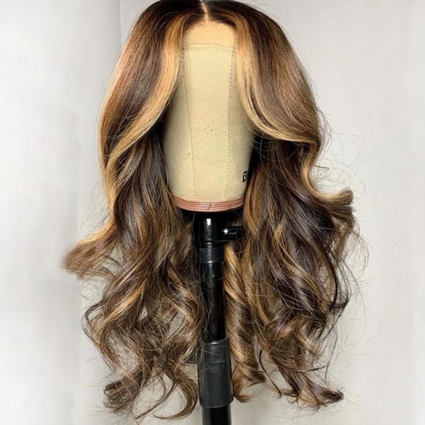 

lace wigs big wave body wig highlight long 13x4 brown ombre front human hair for black women, Black;brown