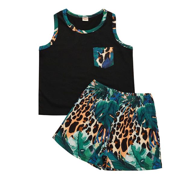 

clothing sets fashion kids baby boys 2-piece set sleeveless +leopard print shorts for children two piece outfit, White