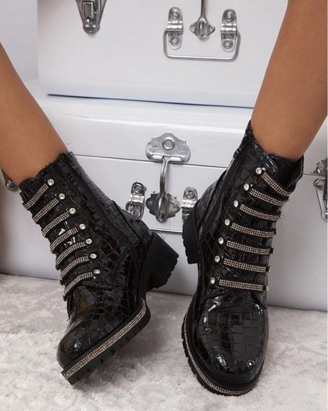 

boots [gogd]women black leather female zipper cross-tied bling shoes buckle riding with diamond