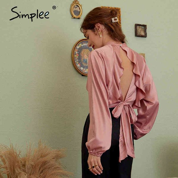 

long lantern sleeve women pink backless bowknot solid blouse lady high fashion autumn streetwear 210414, White