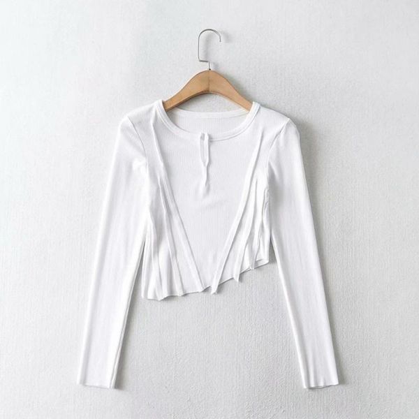 

women's t-shirt irregular patchwork long sleeve round neck slim top, White