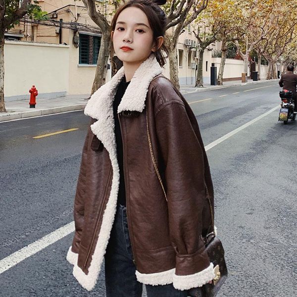 

women's leather & faux autumn winter zipper motobike thick warm lambs wool fur collar jacket women outerwear, Black