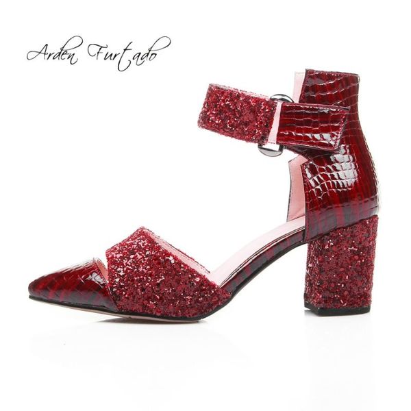 

arden furtado 2021 summer high heels 6cm chunky burgundy shoes for woman genuine leather big size 40-45 fashion sandals dress, Black