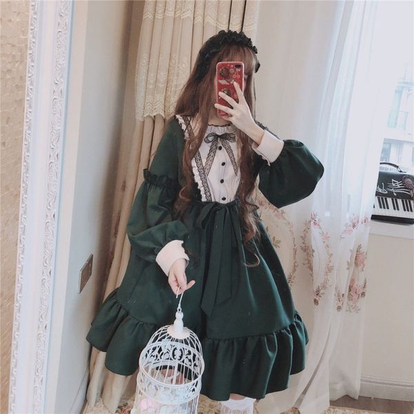

lolita skirt japanese loli soft sister student daily fairy long skirt princess dress harajuku long sleeve dress, White;black