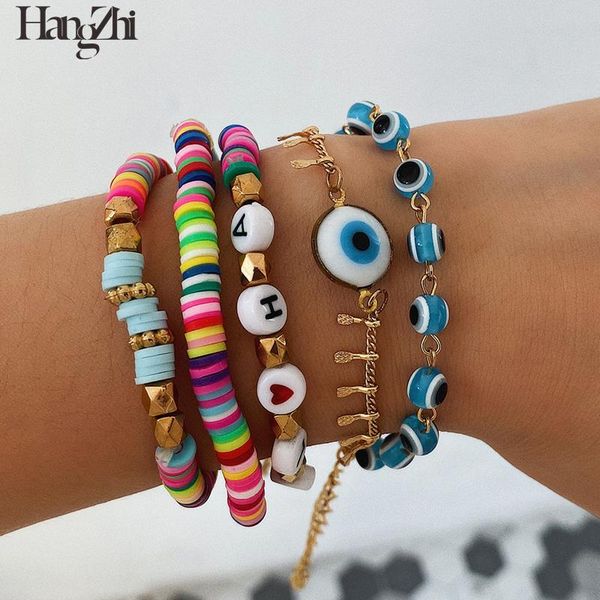 

charm bracelets hangzhi 2021 5 pcs/set blue glazed eyes letter soft pottery metal set for women personality bohemian jewerly, Golden;silver