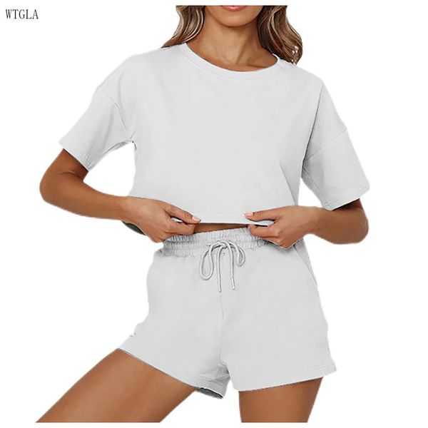 

women's tracksuits casual sports 2 piece short sets female solid color loose korean style drawstring sleeve and pants set woman, Gray