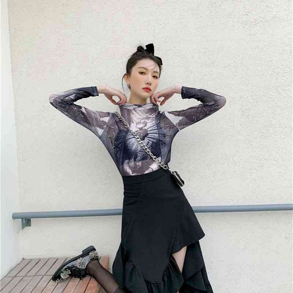 

women's t-shirt goth mesh women 2021 trend fashion graphic t shirts long sleeve turtleneck see through tshirts european clothi, White