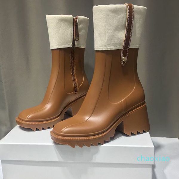 

women betty pvc rainboots fashions rubber thick soled half boot r ladies black brown white platform shoes mid heel fashion side