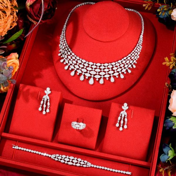 

earrings & necklace godki trendy 4pcs full micro cz luxury african jewelry set for women wedding party zircon crystal neckalce earrin, Silver