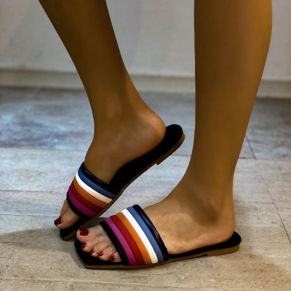 

sandals summer style square head color flat slippers stand-alone fashion foreign trade large size beach ladies and, Black
