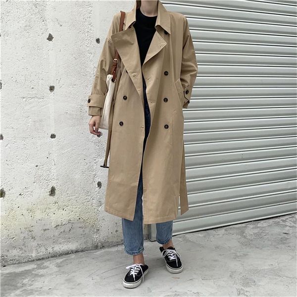

women's trench coats fashion tunic long women autumn sleeve elegant turn down collar windbreaker classic khaki, Tan;black