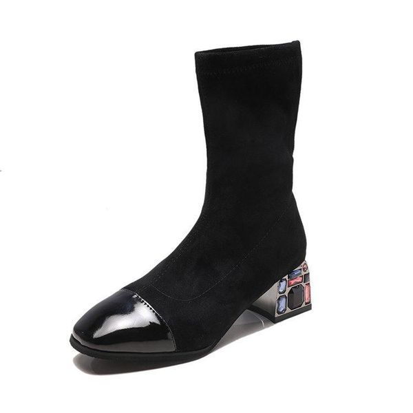 

boots fashion women's elastic autumn winter bling chunky heel female ankle suede middle woman shoes, Black