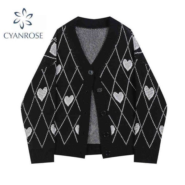 

gothic style fashion oversized black cardigan for women sweater long sleeve v-neck harajuku loose vintage knitwear coat 211217, White;black