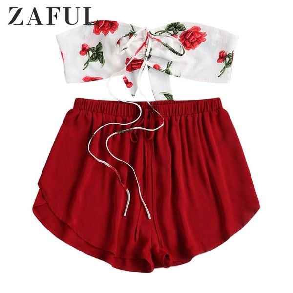 

two piece dress zaful women floral cinched knotted suit crop high waist shorts set self tie printed casual overlap, White