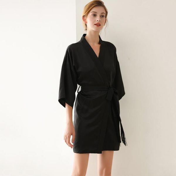 

women's sleepwear black satin robe kimono gown women tassel nightdress silky intimate lingerie wedding gift nightgown casual homewear, Black;red