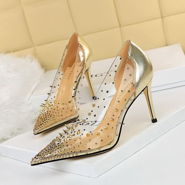 

women shoes high heel pointed toe pumps party wedding sandals stiletto bridal ladies transparent rivets dress, Black