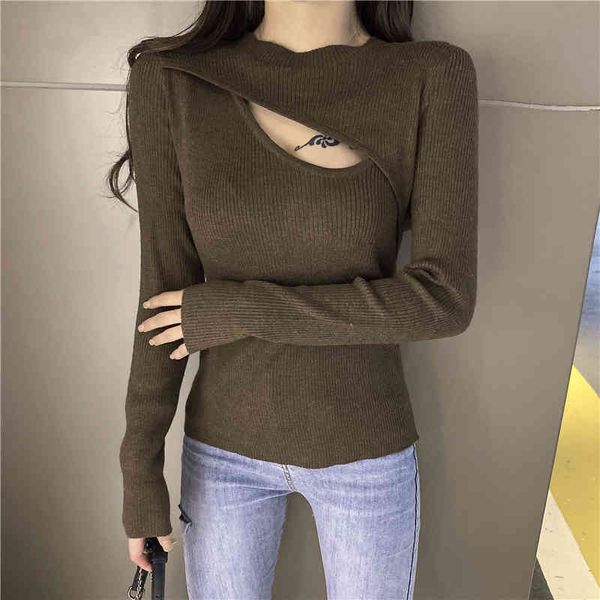 

self-cultivation carefully machine hollow long-sleeved sweater women autumn new irregular design sense goddess fan sweater 210412, White;black
