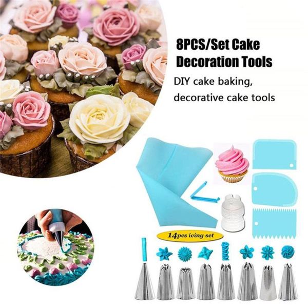 

baking & pastry tools silicone kitchen accessories icing piping cream bag with 8 stainless steel nozzle diy cake decorating tips set