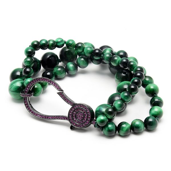 

guaiguai jewelry 3 strands natural green round tiger eye statement bracelet cubic zirconia lobster clasp handmade for women, Black