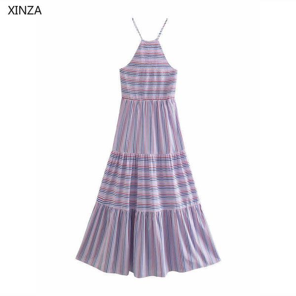 

casual dresses women striped halter summer adjustable spaghetti straps backless party woman smocked pleated midi anso, Black;gray