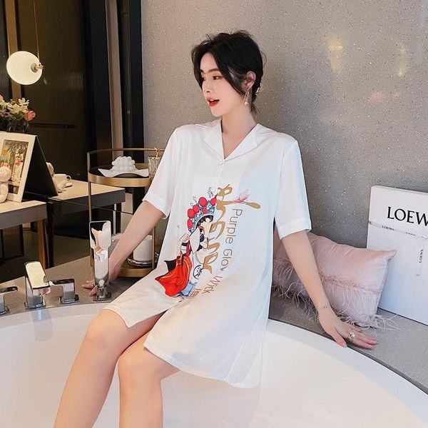

women's sleepwear summer women button-down sleepshirt rayon short sleeve white nightgown casual print nightdress gown home clothing, Black;red