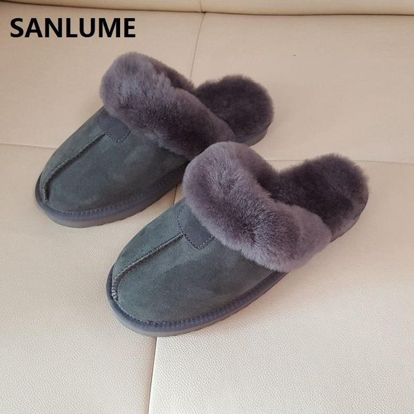 

slippers sanlume women winter sheepskin leather 100% real sheep fur warm gray chestnut indoor home plus size 41, Black