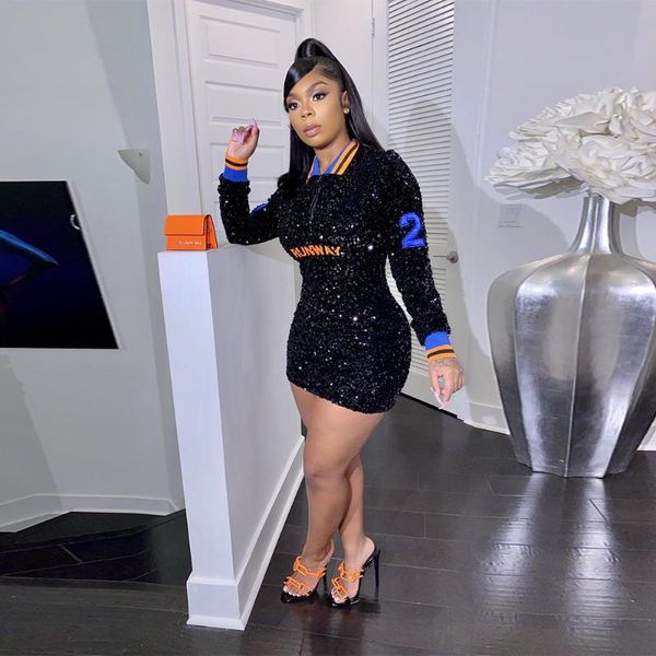 

casual dresses runway letter embroidery sequin dress women fashion long sleeve bodycon mini clubwear birthday outfits, Black;gray