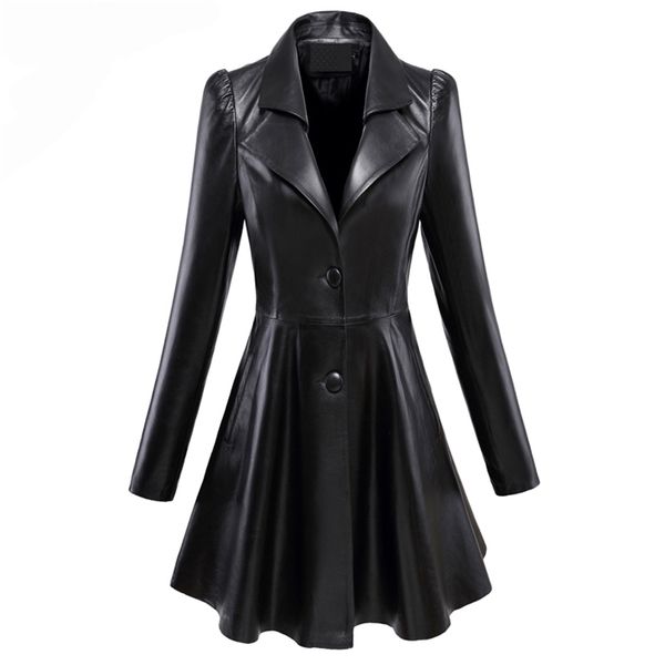 

nerazzurri fit and flare faux leather coat notched lapel long sleeve puff sleeve skirted black elegant leather blazer slim fit 211204