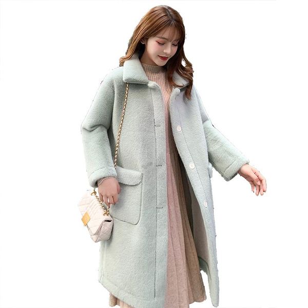 

women's wool & blends women 2021 winter coat female sheep shearing thick warm jacket lambs long overcoat particles outerwear, Black