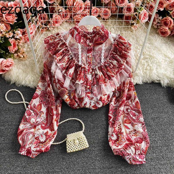 

ezgaga elegant shirts women blouse sweet chiffon fashion loose stand collar lace patchwork ruffled floral printed casual 210430, White