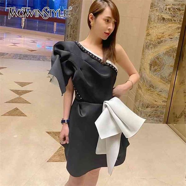 

hit color vintage dress for women diagonal collar short sleeve one off shoulder patchwork ruffle dresses female 210520, Black;gray