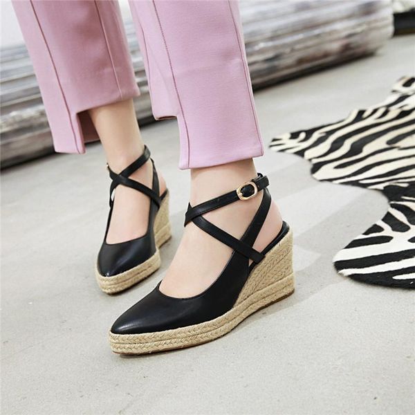 

dress shoes ymechic 2021 summer heels women black beige white slingbacks ankle strap buckle weaving platform wedges pumps plus size