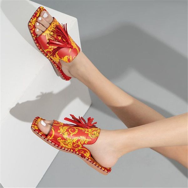 

slippers ethnic style women outdoor casual summer shoes retro tassel flats sandals slides large size sofe sole woman flip flops, Black