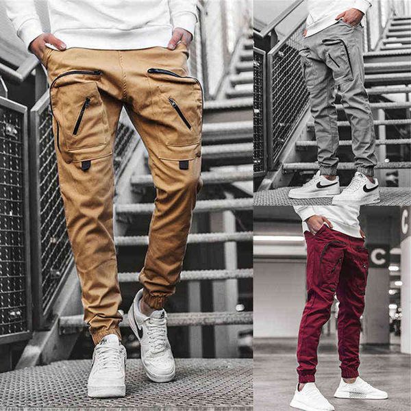 

men's casual jogging pants pure color thin sports pants men's multi-pocket trousers new men's sportswear harlan pencil pants, Black