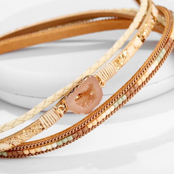 

tennis european and american pink cluster crystal multi-layer artificial leather bracelet creative retro magnetic buckle, Golden;silver