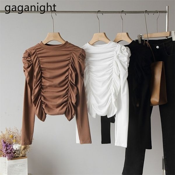 

spring fashion soilid women t-shirt long sleeve ruched slim pullover shirts lady o neck outwear crop 210601, White